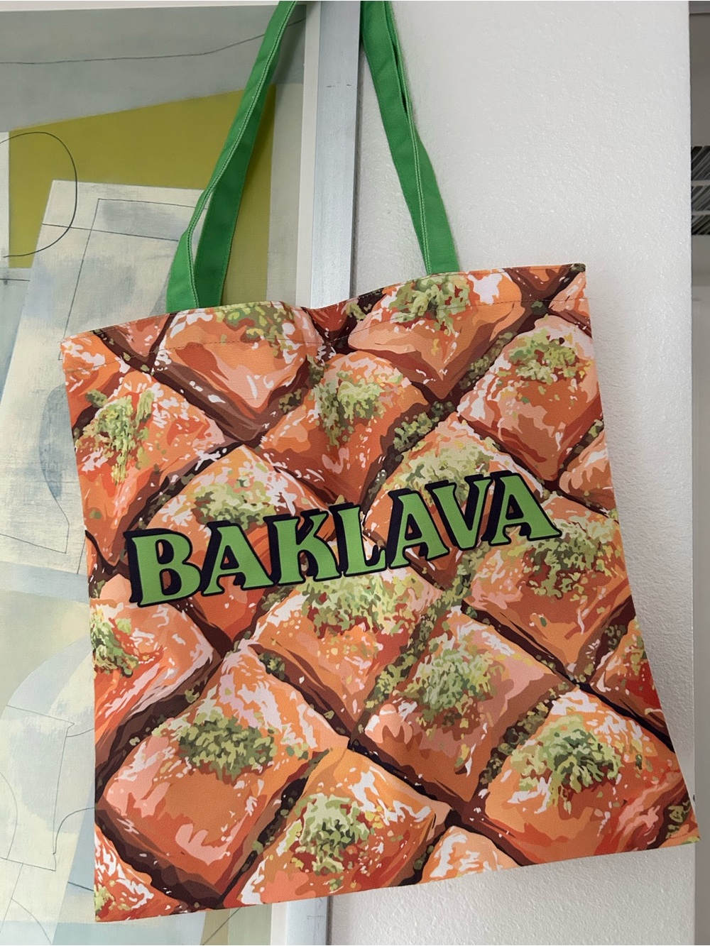 Baklava Print Green-Handle Tote Bag